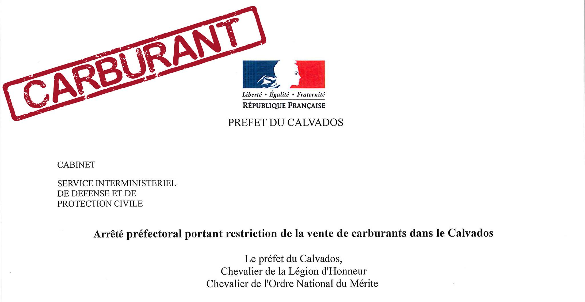 Arrêté préfectoral portant restriction de la vente de carburants dans le Calvados